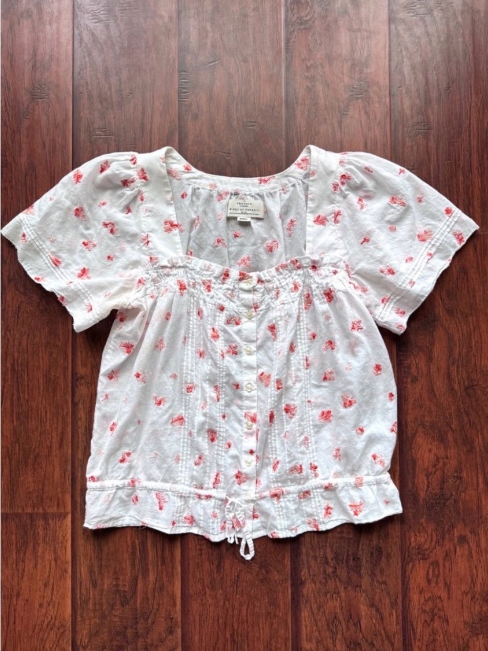 Trovata Birds of Paradis Lorita Azalea Top Floral Embroidered White Pink Small